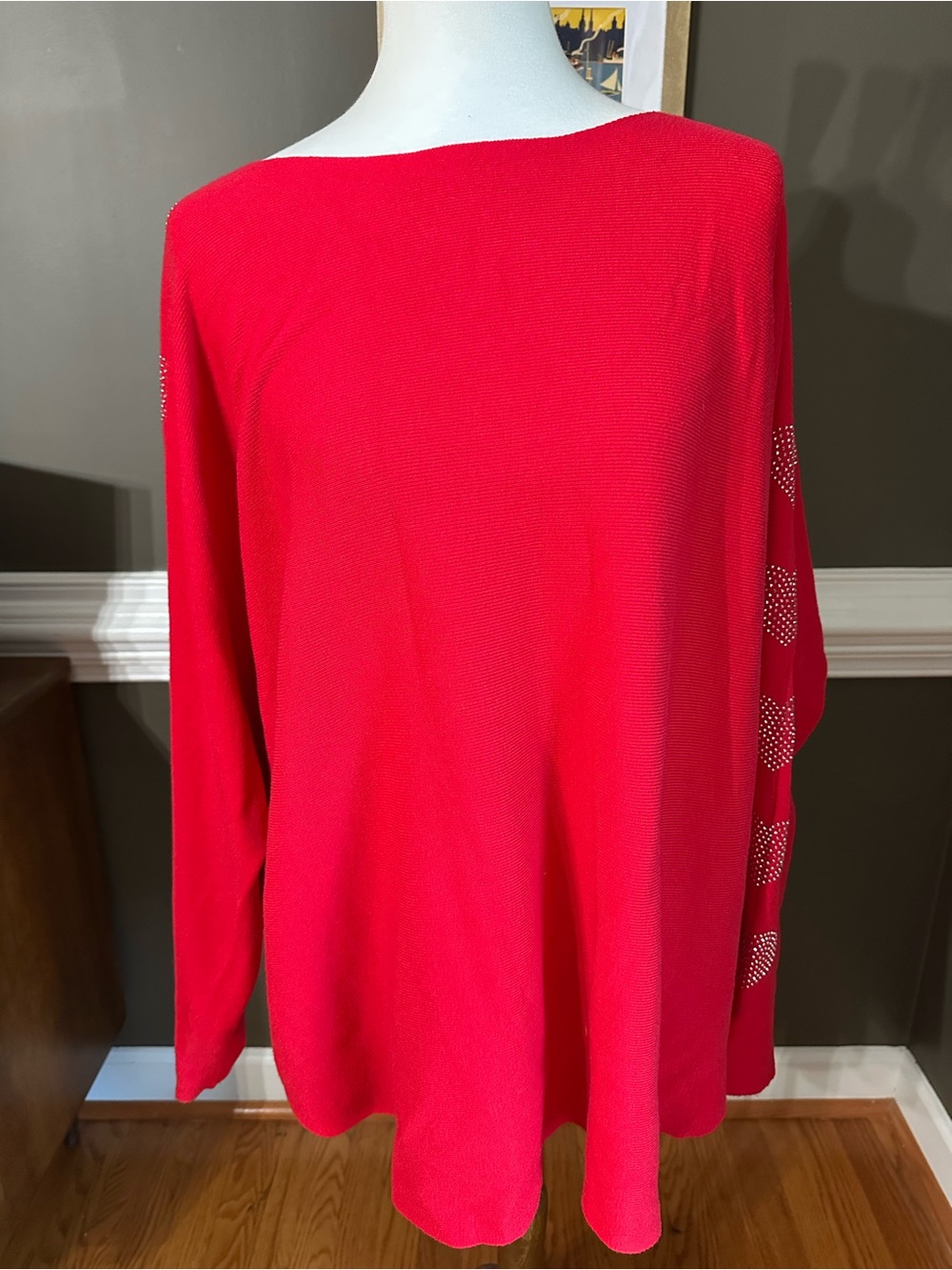 Liv Milano Red knit sweater with white heart-shaped design in Bright Red. 1X